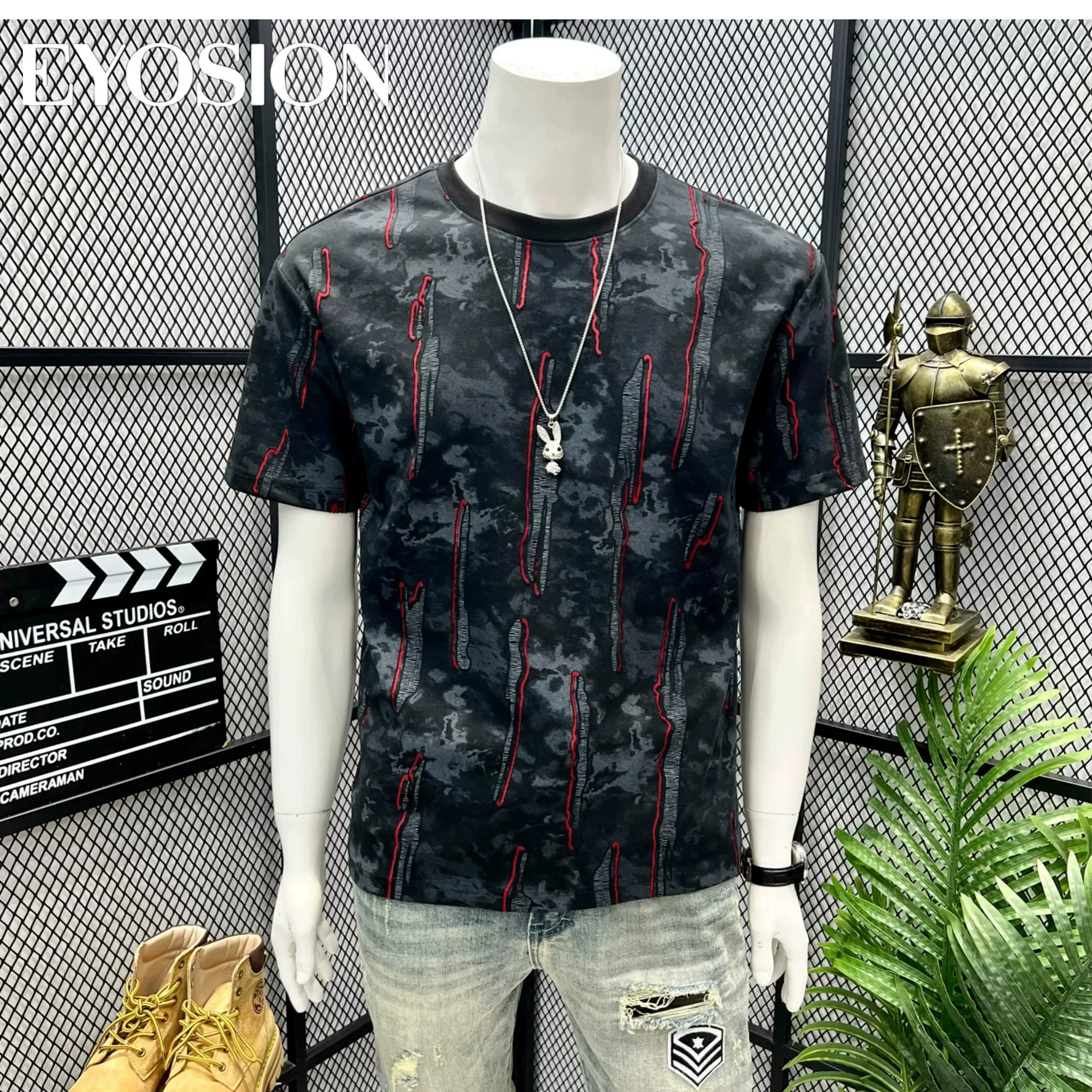 2026 Summer Men's Ice Silk Short Sleeve T-Shirt Ripped Dyeing Print Design High Quality Cotton Street Casual Slim Fit Top Tees