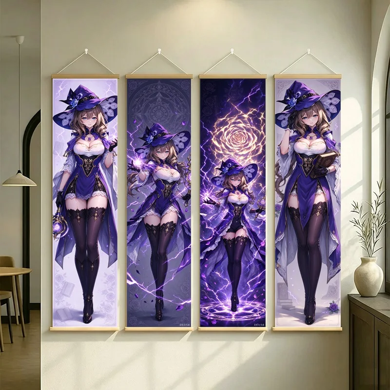 Hanging Scroll Wall Art of Genshin Impact Lisa in Purple Witch Attire on Silver Shimmer Canvas for an Anime Bedroom