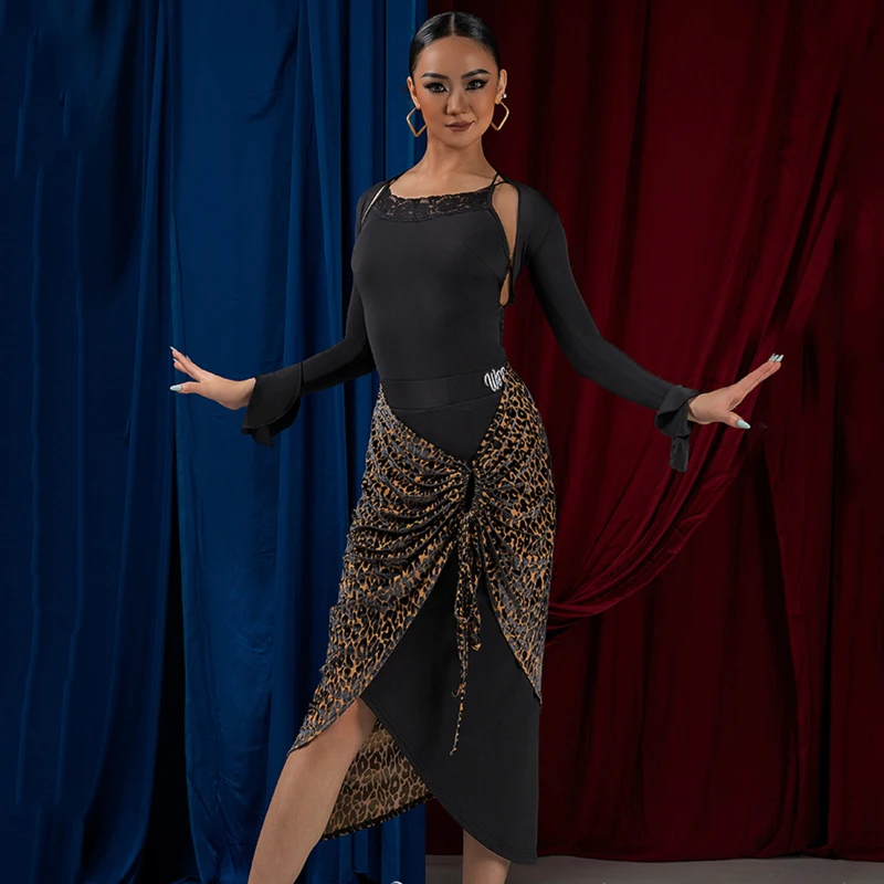Adults Ballroom Dance Competition Clothes Women Latin Dance Costume Sexy Backless Top Leopard Velvet Skirt Practice Suit SL10919