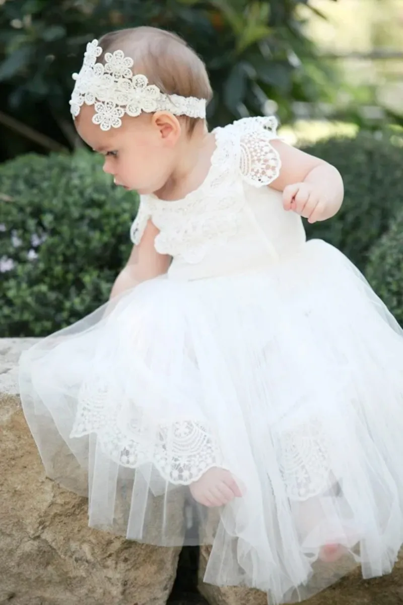 

White Flower Girl Dress Puffy Sleeveless Tulle Lace With Patched Lace For Wedding Birthday First Communion Gowns