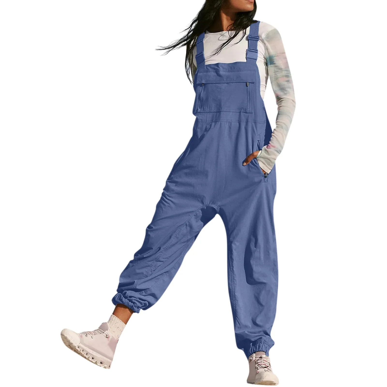 Classic Solid Color Women\'s Sleeveless Overalls Jumpsuit Casual Loose Adjustable Straps Bib Long Pant Jumpsuits With Pockets