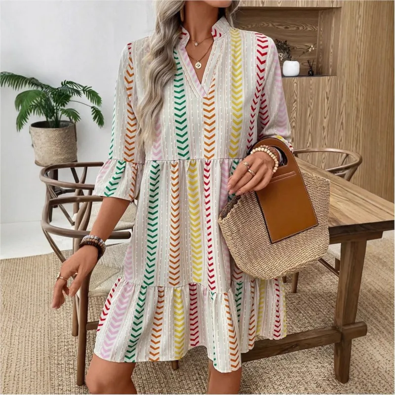 

Colorful Striped Print Midi Dress Summer Flare Sleeve V-neck Loose Casual Vacation Beach Party Dresses For Women 2025 Boho Dress