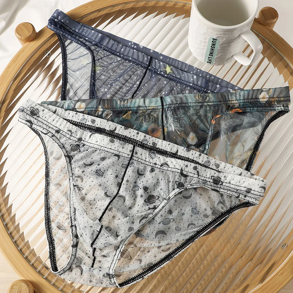 

Men Sexy Briefs Underwear Mesh Translucent Printed Briefs Underwear Thin Mid Rise Panties Lingerie Underpant