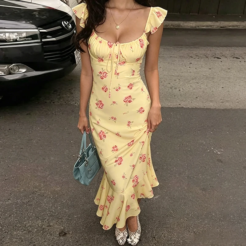 

Tornova Floral Print Vacation Dress Women's Fashion Sleeveless Square Collar Slim Long Dress Summer Elegant Female Banquet Dress