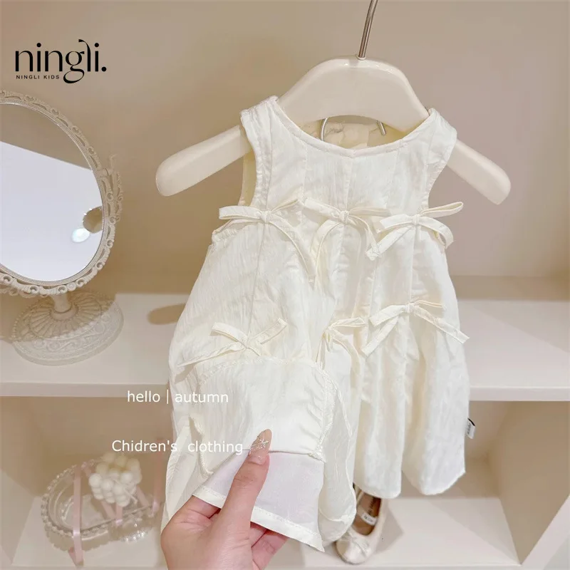 Girls Casual Dresses Bow Knot Summer New Korean Children Clothing White Lantern Skirt Ballet Style Vest Bows 2024