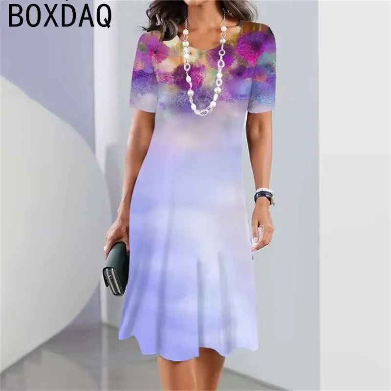 Summer Short Sleeve O-Neck Casual Dress Elegant Woman Vintage Flower A-Line Gradient Dress Summer Oversized Female Dress Vestido
