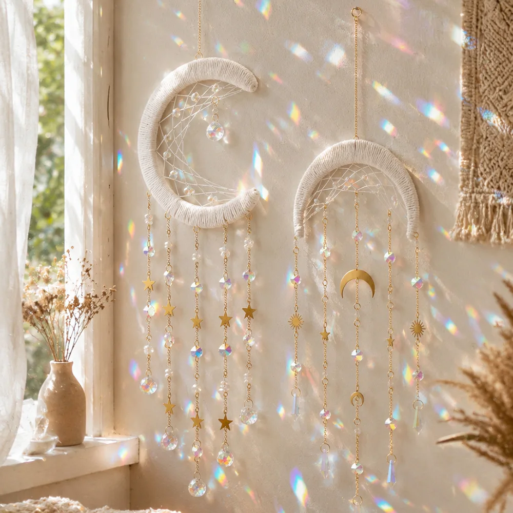 Handwoven Crescent Moon  Dreamcatcher Wall Hanging,Star Prism Pendant Light Catcher Boho Wall Art For Bedroom Window Decor