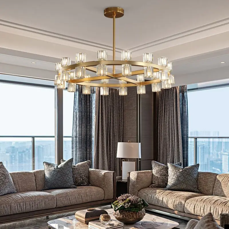 

Modern All Brass Round/Rectangle LED Crystal Chandelier, lustre Living Room, Dining Room Home Lighting Decorative Ceiling Lights