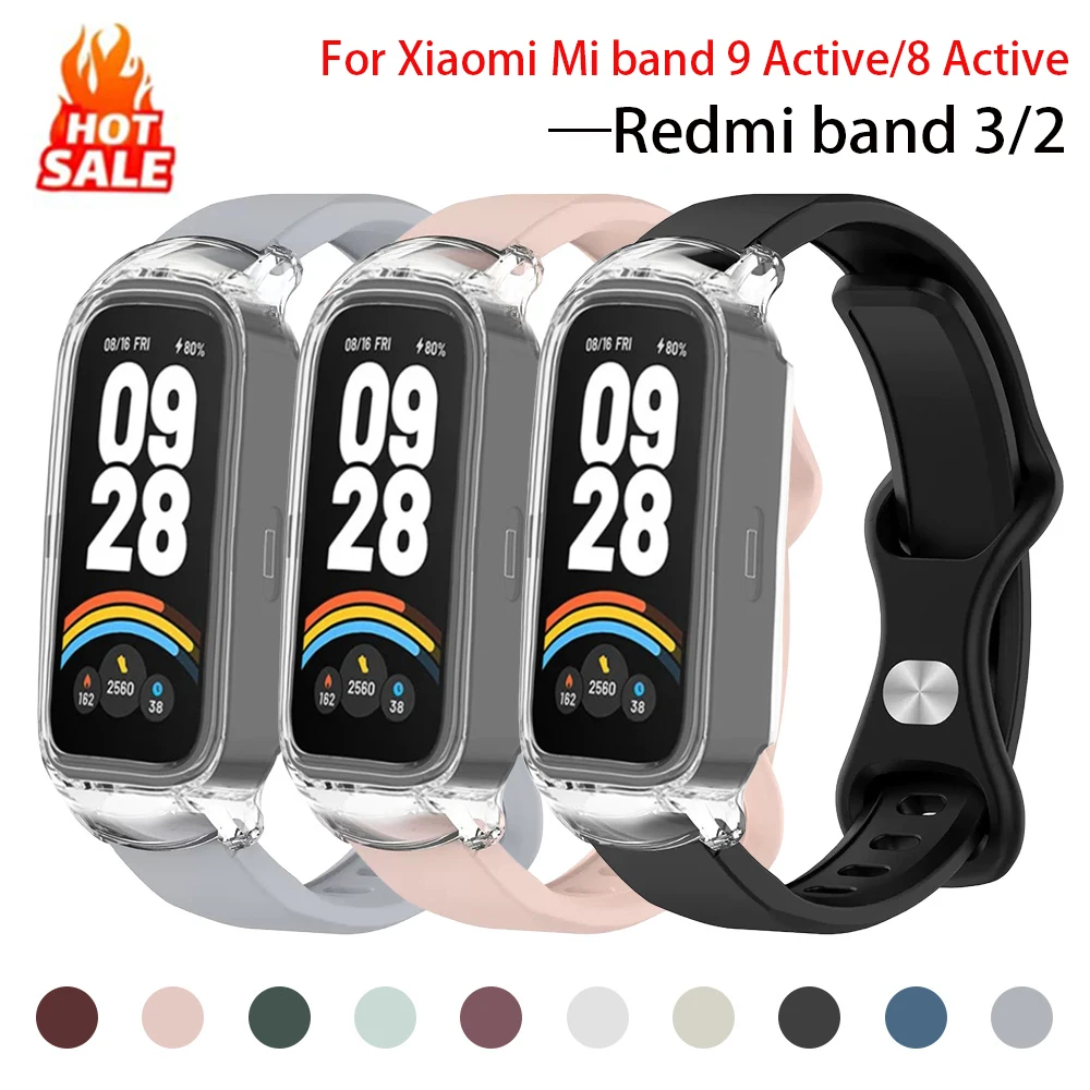 Силиконовый ремешок+чехол для Xiaomi Mi Band 9 8, активные аксессуары, спортивный браслет+защитный бампер-накладка, чехол для Redmi Band 3 2