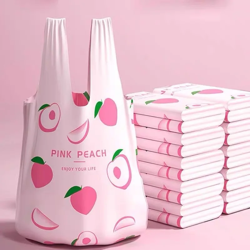 

50pcs Pink Peach Handheld Plastic Bag Cute Thickened Tank Top Bags Home Shop Fruit Delivery Bags Dessert Cake Embossing Bags