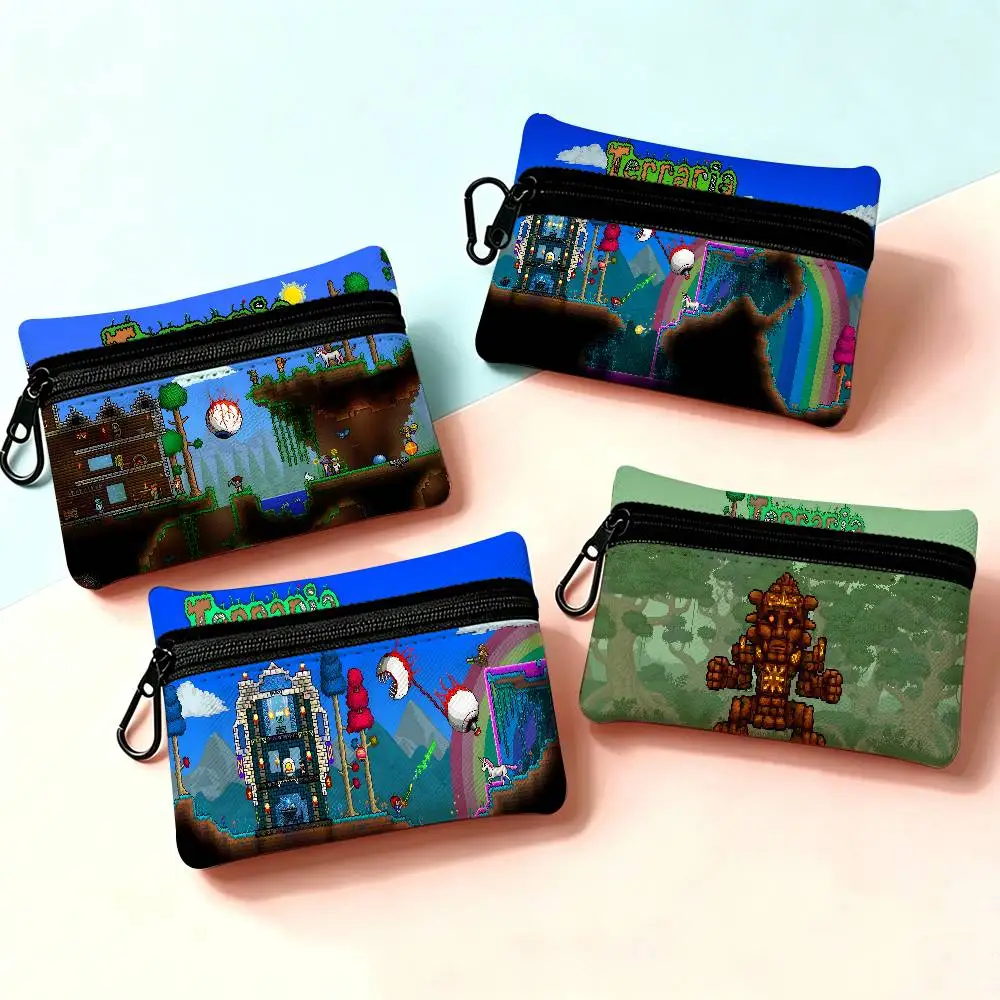 Adventure FUN T-Terraria Mini Oxford Cloth Coin Purse With Carabiner Hook Portable Key Card Wallet Small Zipper Storage Pouch
