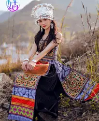 Chinese Folk Embroidery Dress Women Miao Style Summer Hmong Ethnic Suit Tops And Skirt