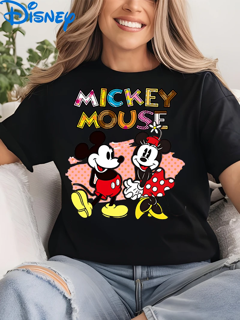 

Disney Women's Retro Mickey Mouse Pattern T-shirt - Black Short Sleeve Casual Summer Fashion Retro Top