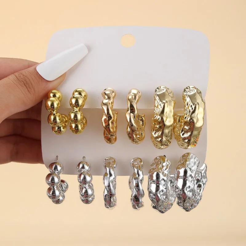 12pcs Fashionable and Simple Temperament C-shaped Water Droplet Large Light Surface Bean Irregular Versatile High-end Earrings