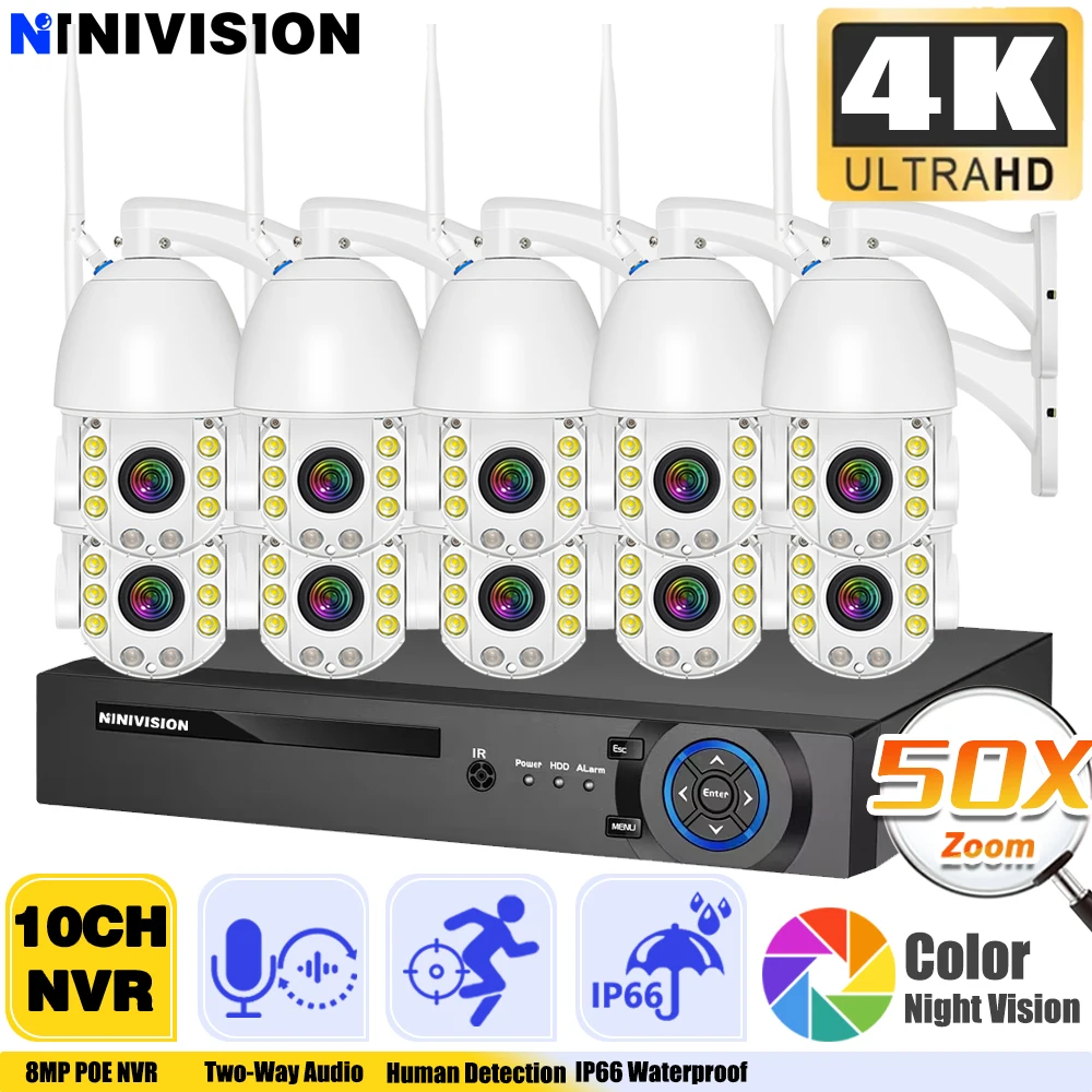 10CH POE NVR 4K 8MP WiFi Security Cameras 50X Zoom 120M IR Distance PTZ Video IP Cam Metal Shell Waterproof Surveillance System