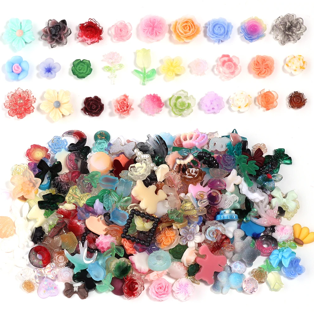 50pcs/lot Mixed Kawaii Resin Nail Art Charms 3D Rose Flower Cartoon Bear Nail for Decorations DIY Manicure Professional Supplies