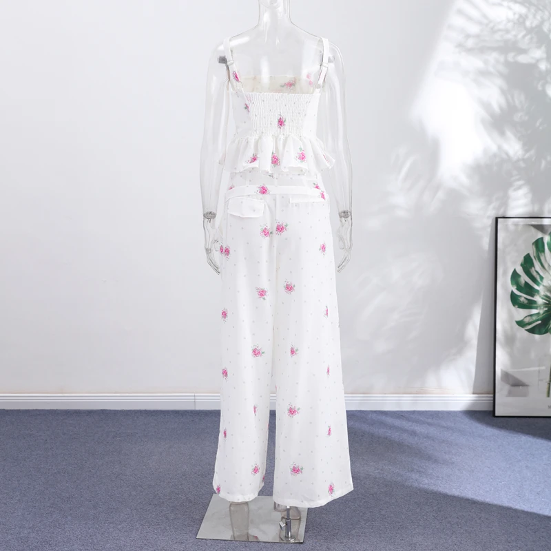 Eleganter bedruckter Damen-Westen-Hosenanzug, ärmelloses Oberteil mit Blumenmuster, plissiert, weit geschnittene Hose, Damen-Set, Sommer-Herbst 2026, Damen-Sets – Detail 11