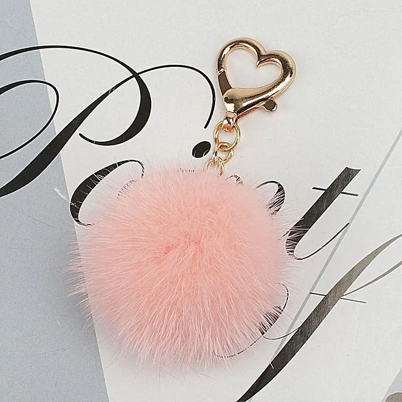 Mini Real Mink Fur Ball PomPom 9 Colors Genuine Mink Fur Keychain Heart Shape Metal Key Ring Pendant Bag Charm Women X180