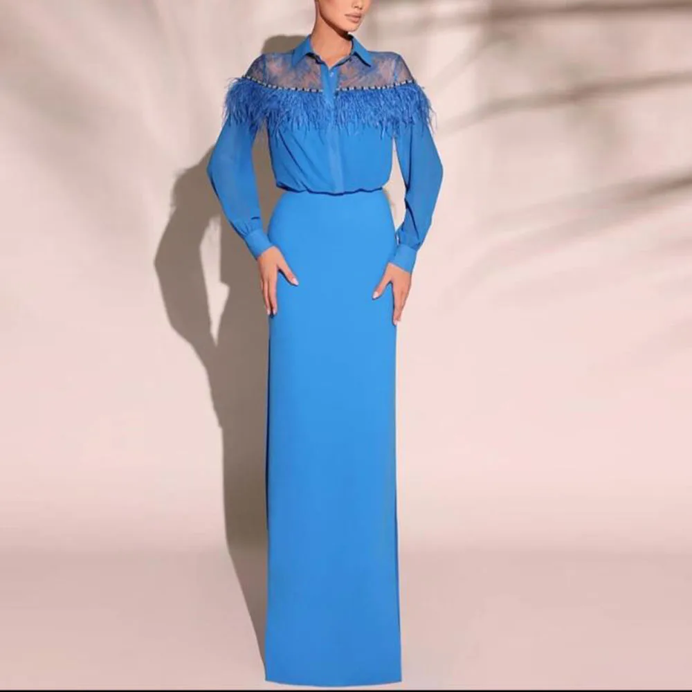 

Customized Empire Waist Straight Evening Dresses Blue Long Feather Wedding Guest Formal Gown Lace Long Sleeve Casual Dress
