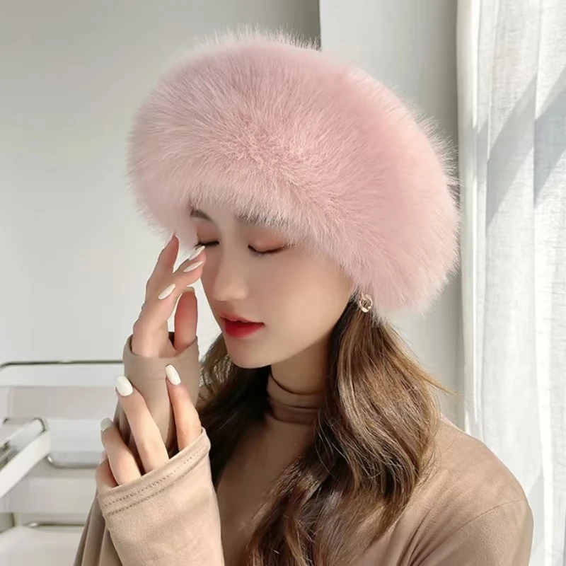 2024 Winter Fashion Furry Faux Fur Women Girl Fur Pullover Hat Winter Outdoor Berets Warm Hats Windproof Sunshade Warmer Cap New