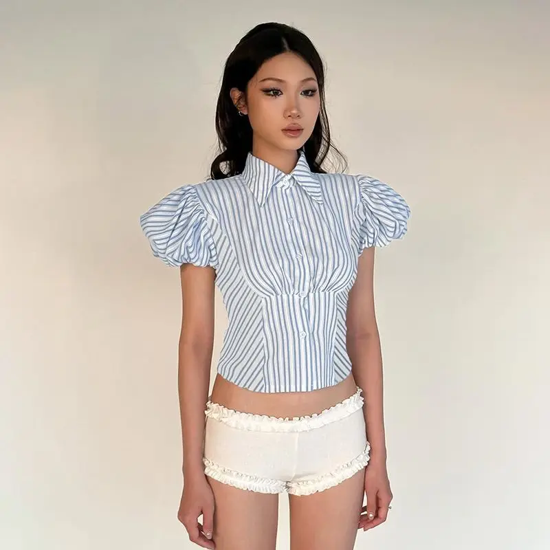 

Onalippa 2025 American Sweet Cool Street Spicy Girl Striped Bubble Sleeve Ins Trendy Personalized Waist Hugging Short Shirt