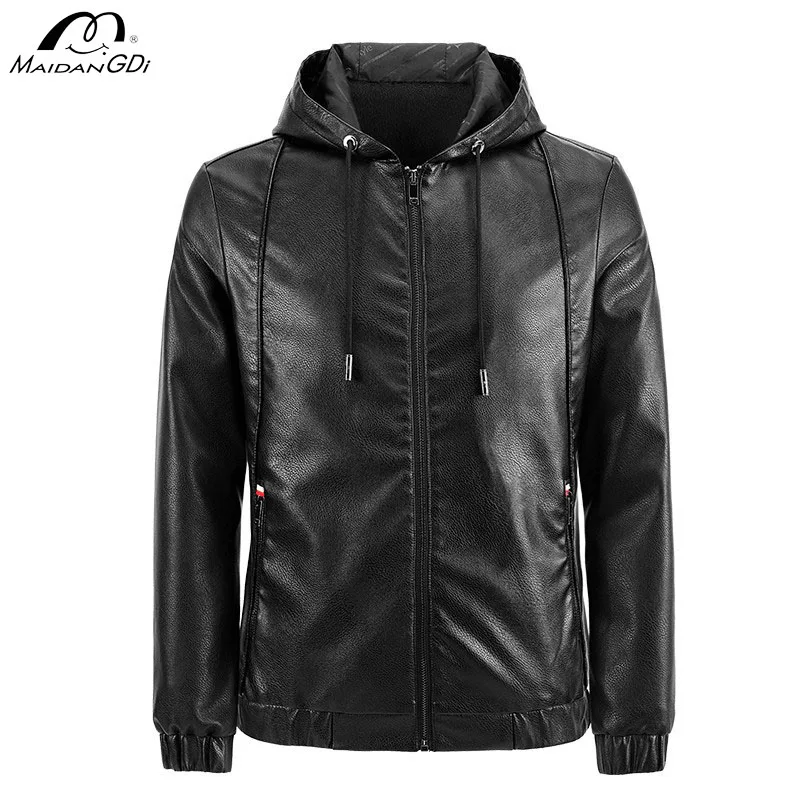 

MaiDangDi Men Hooded Leather Jacket Fashionable Street Explosion Motorcycle Men's Jacket Casual Versatile Large Size Mens Top