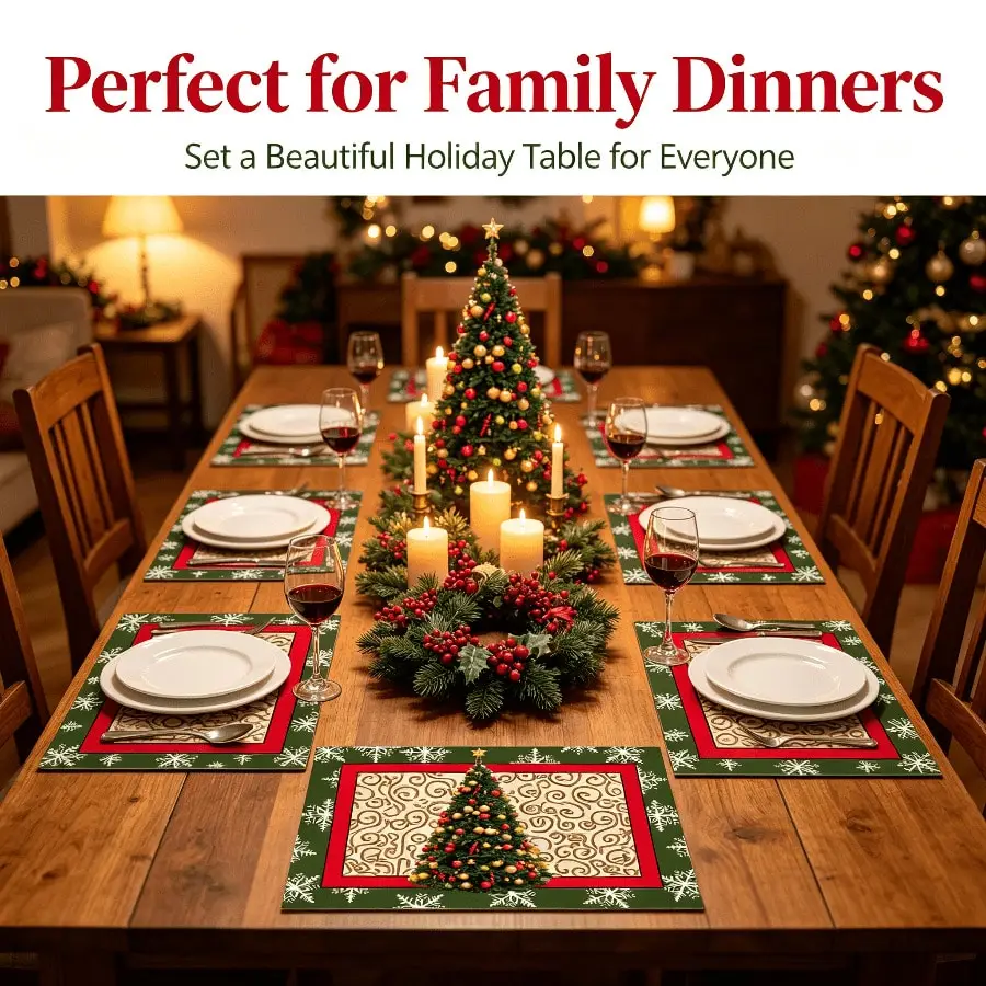 4 Pack Christmas Placemats, Buffalo Plaid Xmas Printed Heat‑Resistant Table Mats, Gnome Snowman Reindeer Christmas Tree Wreath Patterns, Decorative Dining Table Place Mats For Christmas Holiday Dinner Party Table Decor