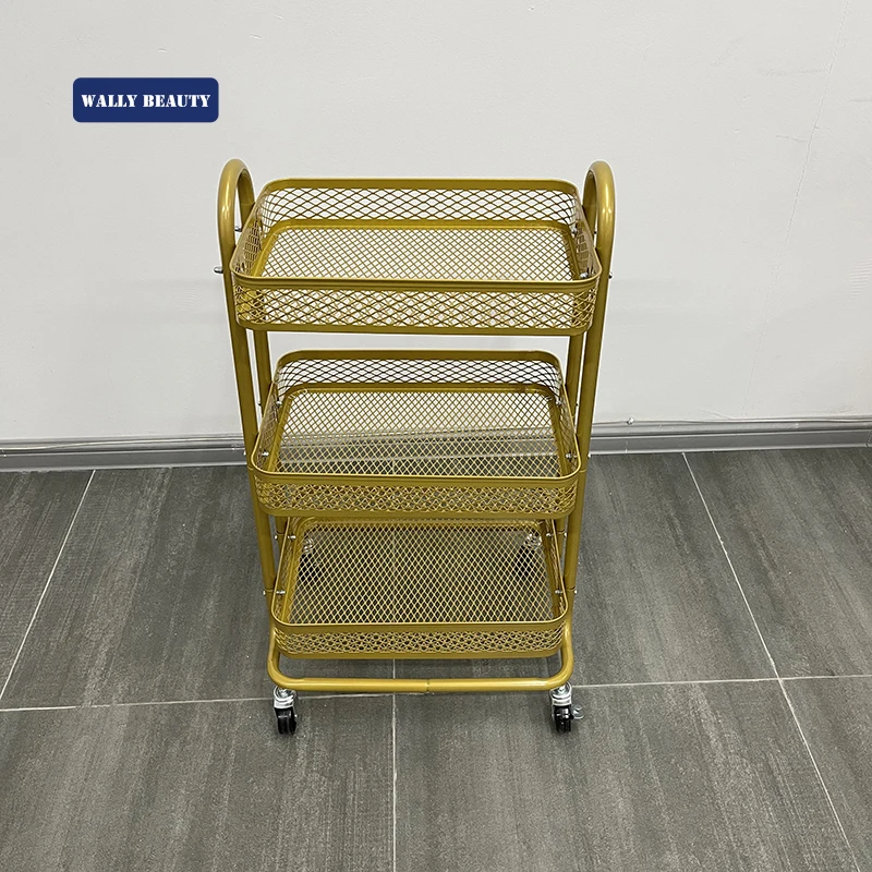 New Design Makeup Salon Cart 3 Tiers Pedicure Spa Nail Shop Trolley Gold Beauty Trolley with Lockable Wheels