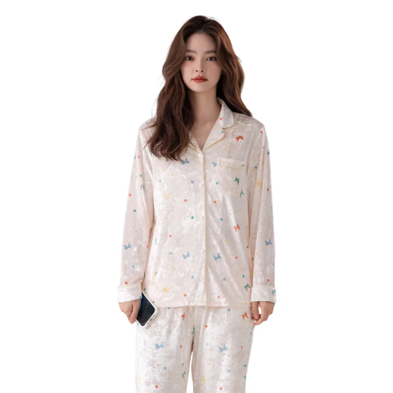 Velvet sleepwear women's autumn and winter long sleeved long pants two-piece set sweet butterfly soft and comfortable warm