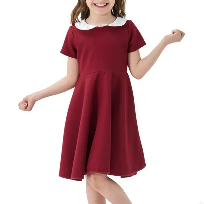D0LA Vestido manga corto elegante Color sólido para niña