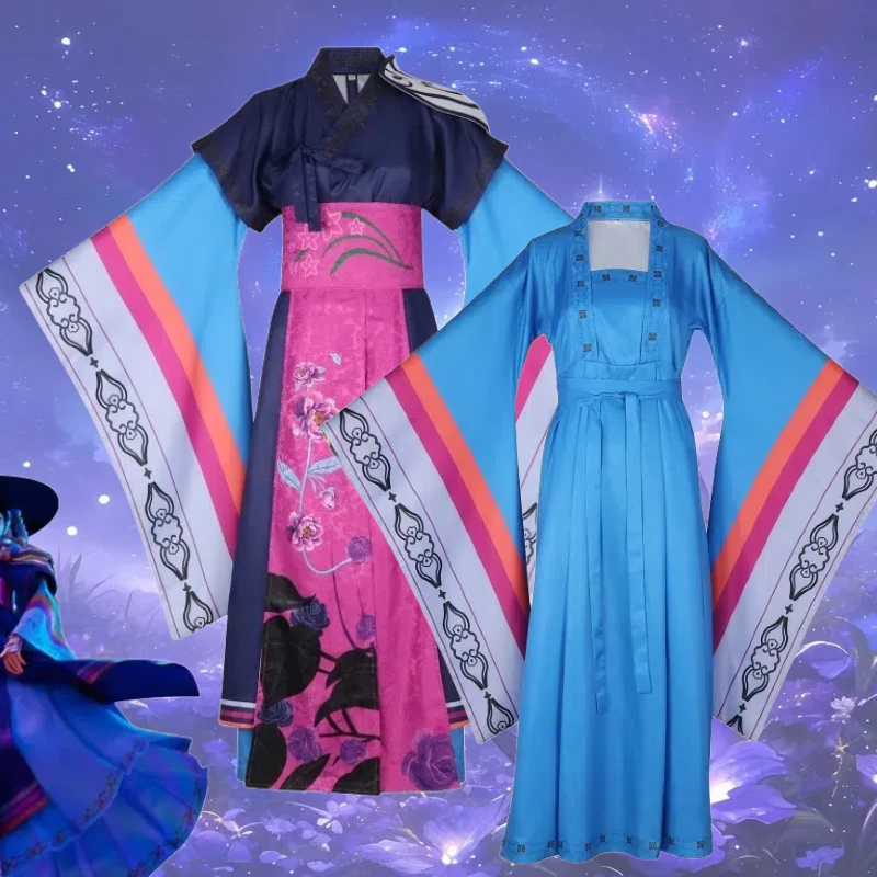 

Anime Kpop Demon Cosplay Hunters Celines Costume Traditional Hanbok Blue Pink Color Long Dress for Women Halloween Party