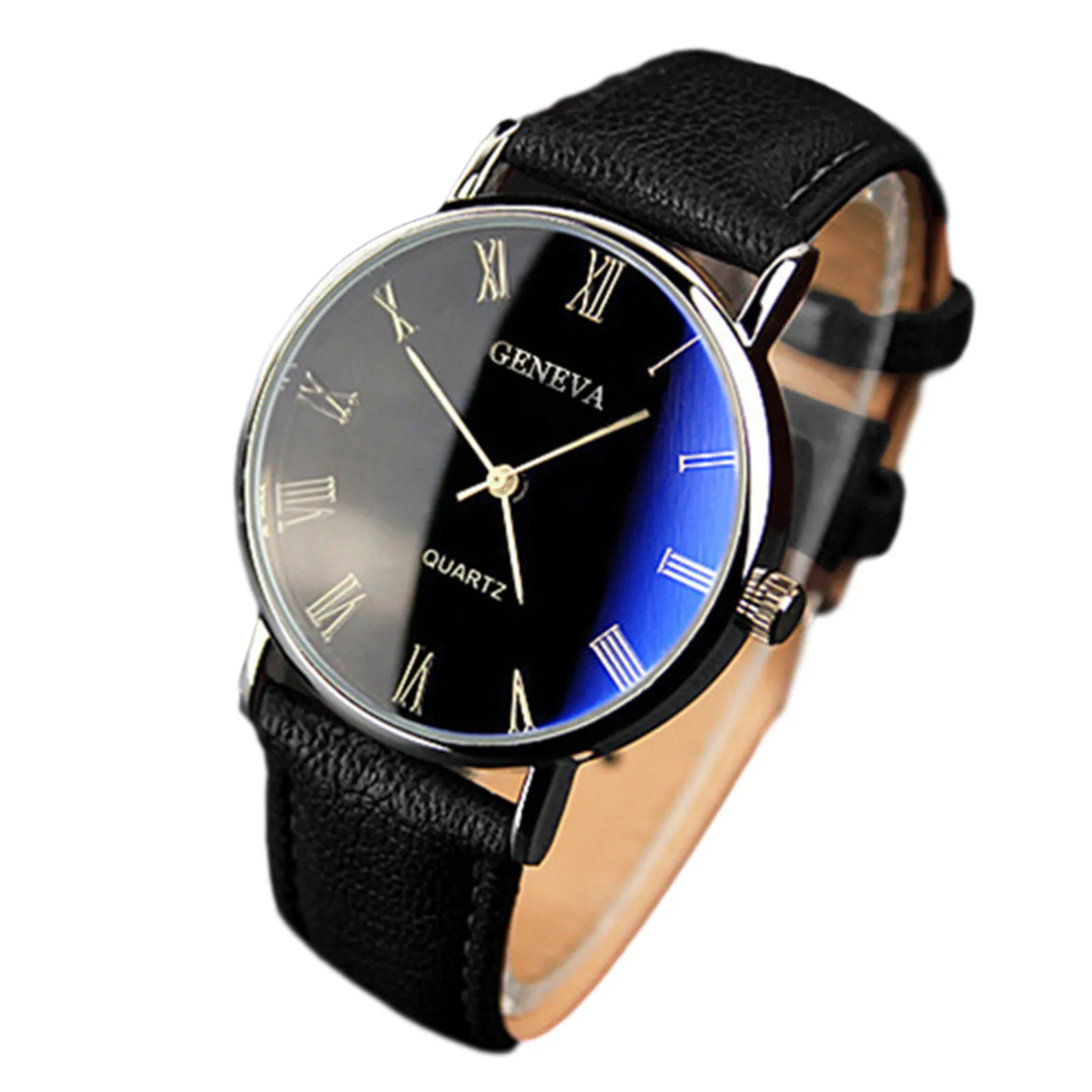 Reloj de pulsera de cuarzo para hombre, reloj deportivo con correa de cuero, informal, de negocios, resistente al agua, esfera Blu-ray Simple a escala Romana
