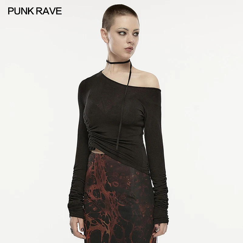 PUNK RAVE Women's Gothic Asymmetric Slant Neck Super Soft Long Sleeve T-shirt Hem Adjustable Drawcord Punk Daily Black Tops