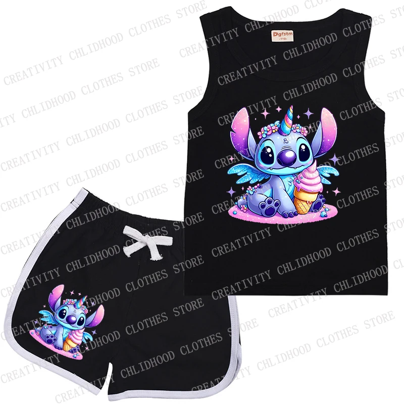 Stitch Strawberry Children Sports Suit Kids Vest & Shorts Disney Cartoons Summer Casual Clothes Sleeveless for Girl Boy Sets