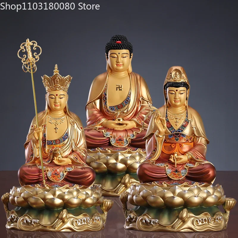 

Copper Color painted Sakyamuni Sit Lotus Buddha statue Saha three sages ksitigarbha Guanyin goddess statue Large size