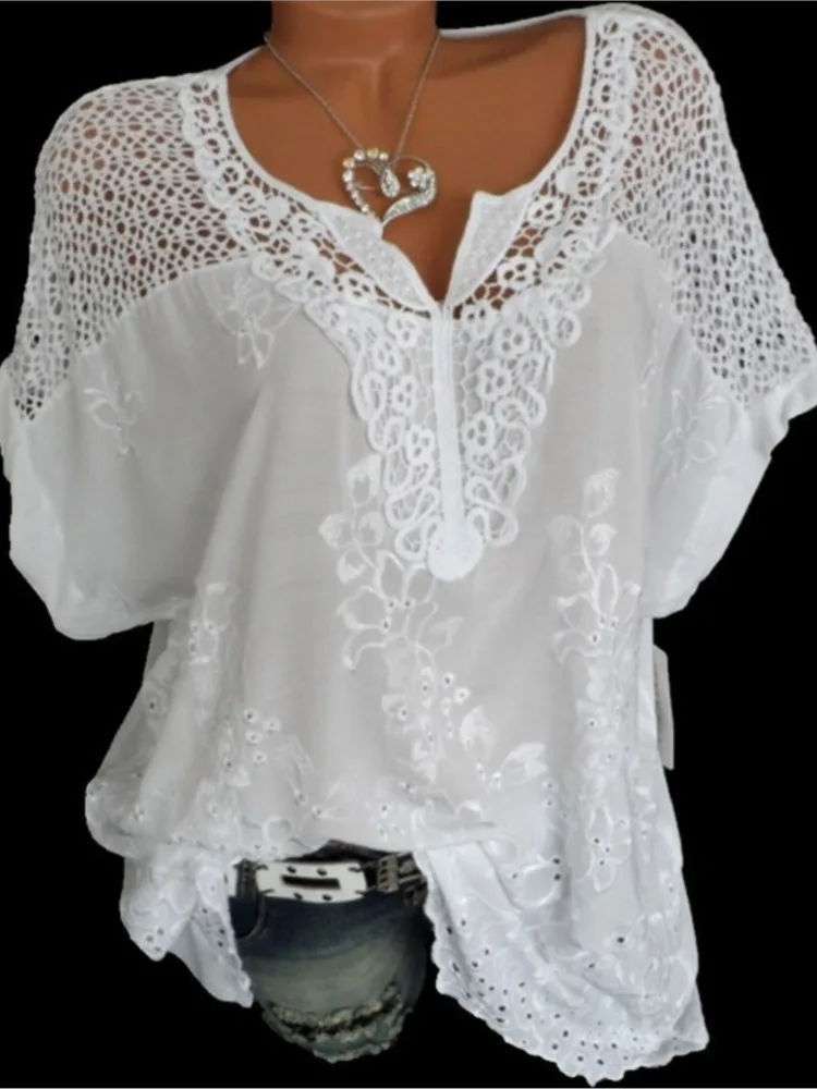 

Casual Short Batwing Sleeve Lace Blouse For Women Fashion V-neck Hollow Out Solid Chic Blouses Tops Female Summer Loose Shirts