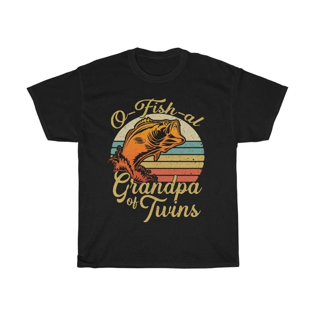 O Fish Al Grandpa Of Twins T Shirt Vintage Expecting Grandfather To Be For Fisherman Twin Baby Pregnancy Announcement