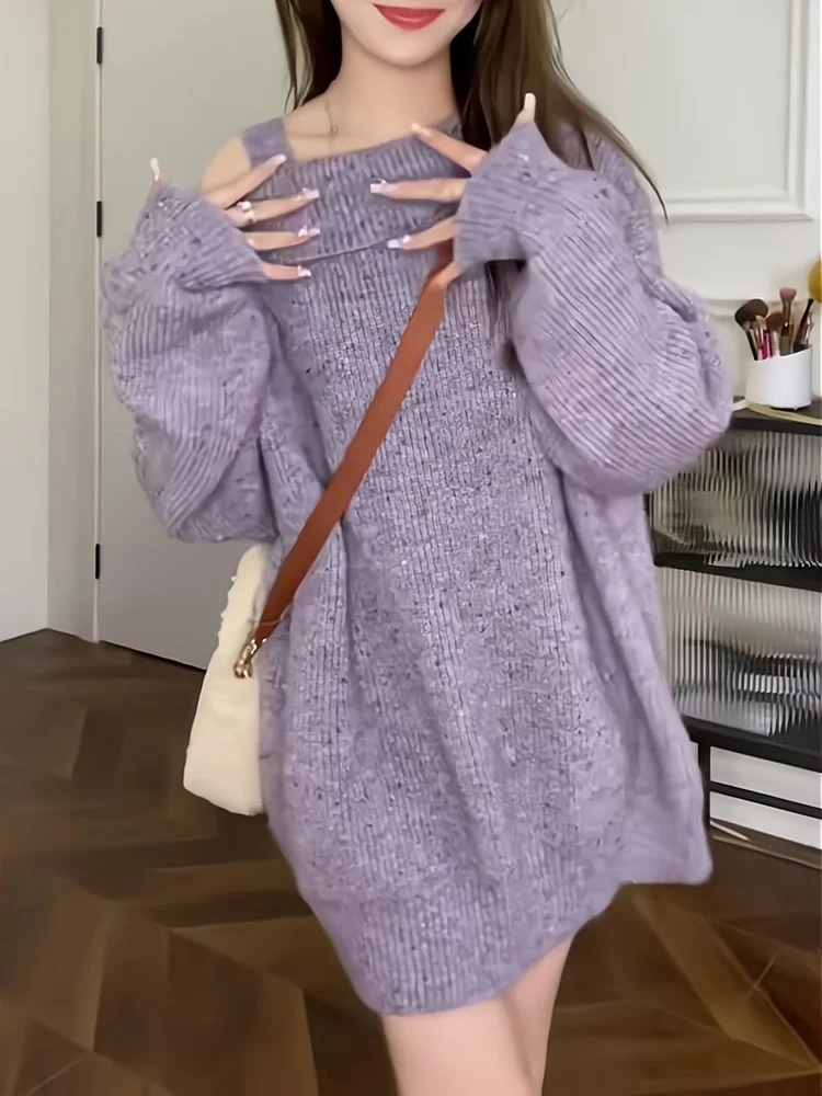 

Loose Long Sleeve Knitted Sweater Shoulder Bared Oversized Hoodie Women's Style Commute Korean Version Polyester Elastic Fiber