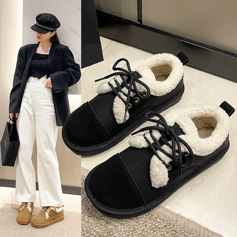 Fashion khaki Winter Shoes Women Low-cut Plush Flat Shoes for Women Non-slip Outdoor Female Cotton Shoes Cozy Fur Ladies Loafers