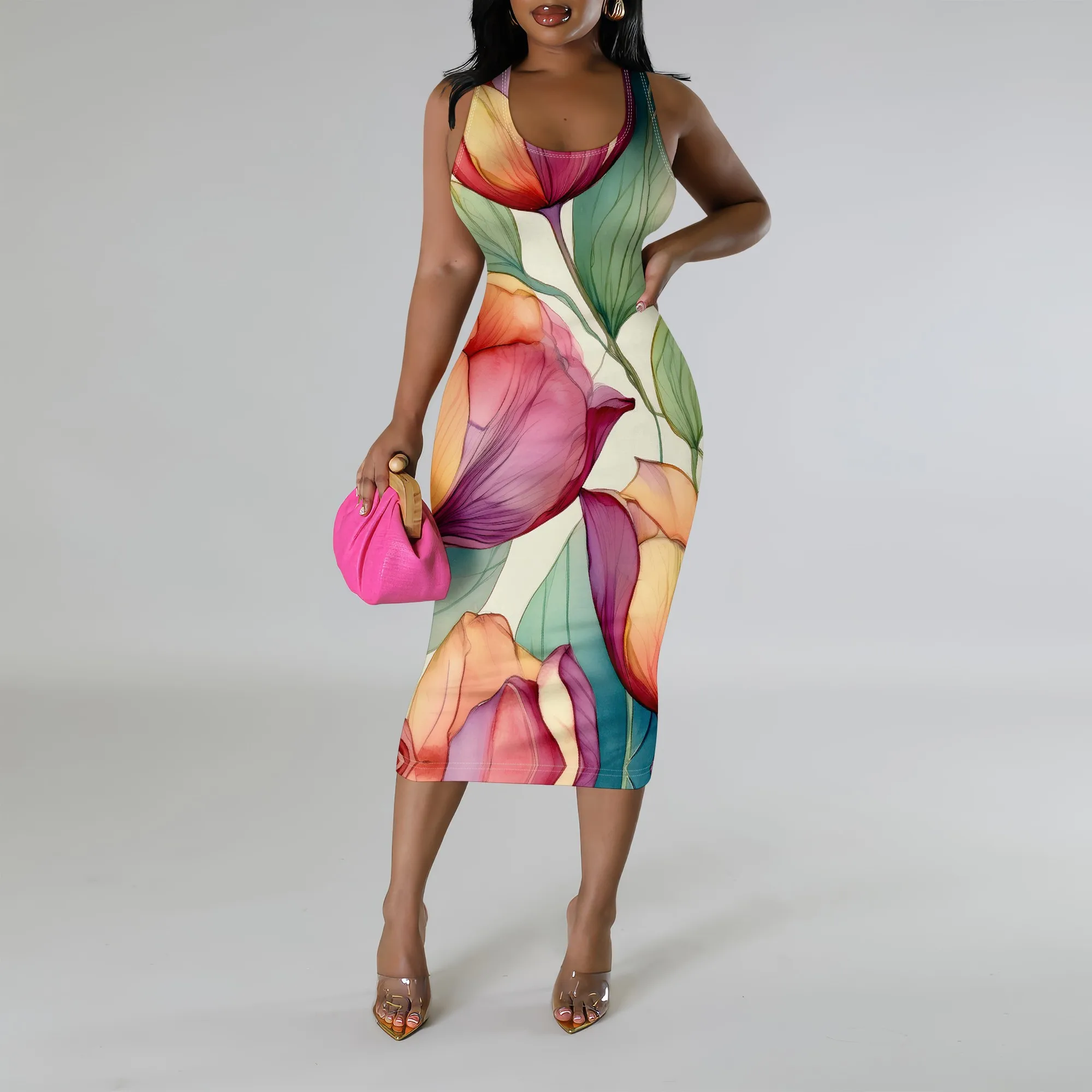 

Women's Floral Midi Dress Boho Sleeveless O-Neck Bodycon Dress for Casual Party Vacation Wear XS-3XL