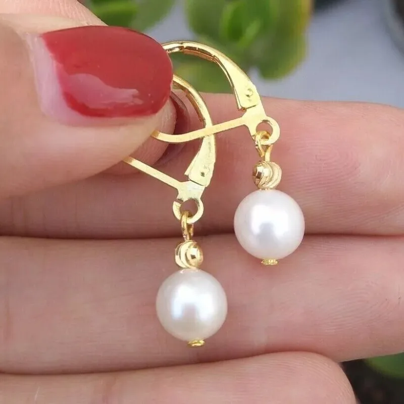 Natural 8-9mm South Sea White Pearl Earrings 14K Gold -