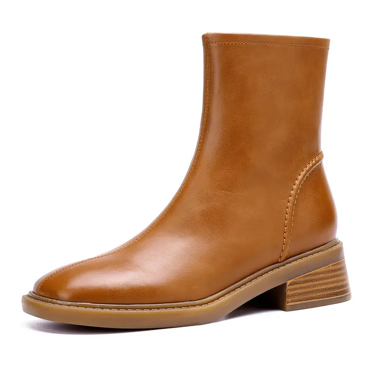 

2023 New Genuine Leather Women Ankle Boots Med Heels Square Toe Ladies Basic Shoes Autumn Winter Size 41 42 43