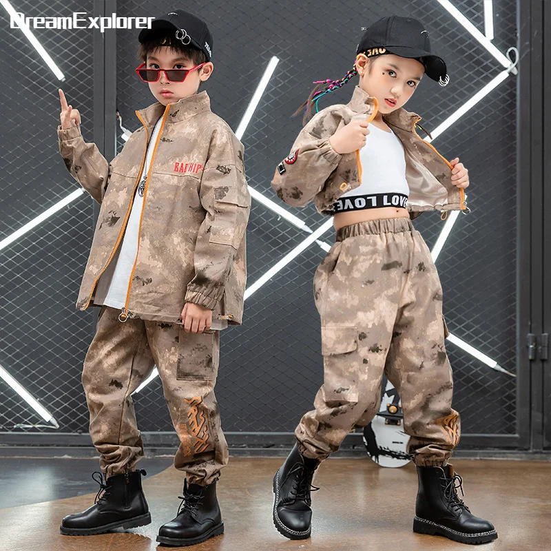 Boys Hip Hop Jacket Cargo Pant Girls Camouflage Shorts Jacket Clothes Sets Child Military Joggers Street Dance Kids Streetwear