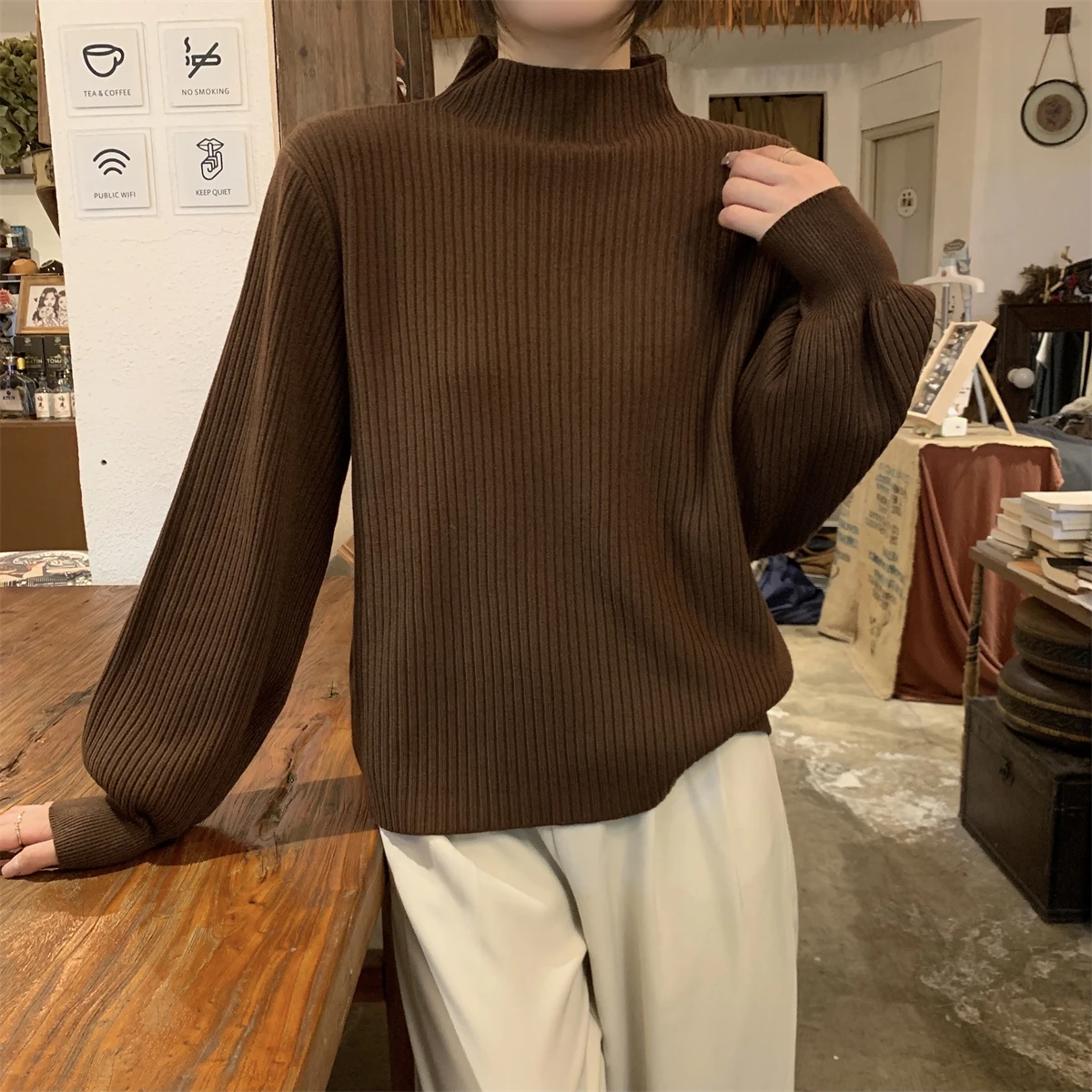 Korean Half High Collar Sweater Women Velvet Lantern Sleeve Soft Loose Knit Base Autumn Winter