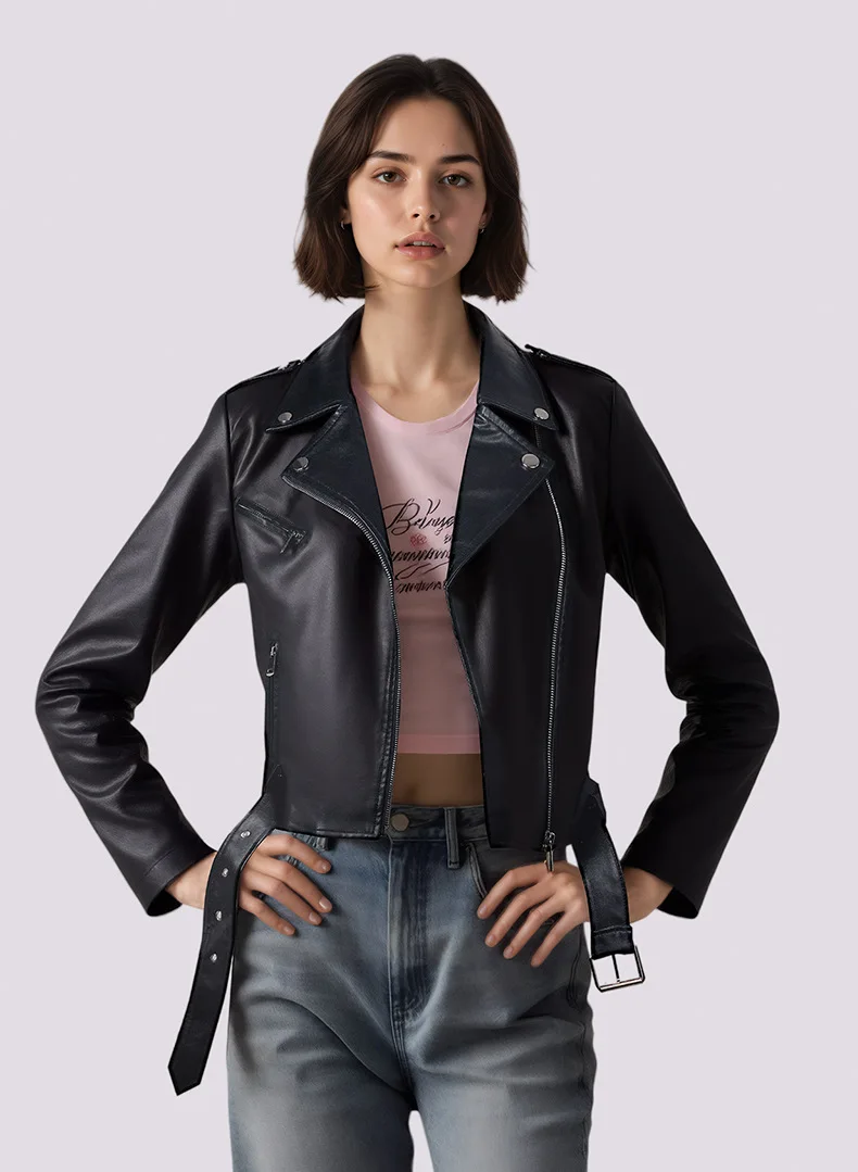 2026 new lapel zipper short belt women's PU leather jacket simple leather jacket motorcycle windproof jacket tops