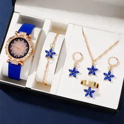 6PCS Blue Classic Quartz Watches New Women Luxury Rhinestone Watches Simple Leather Strap Watches Casual Bracelet Female Clock