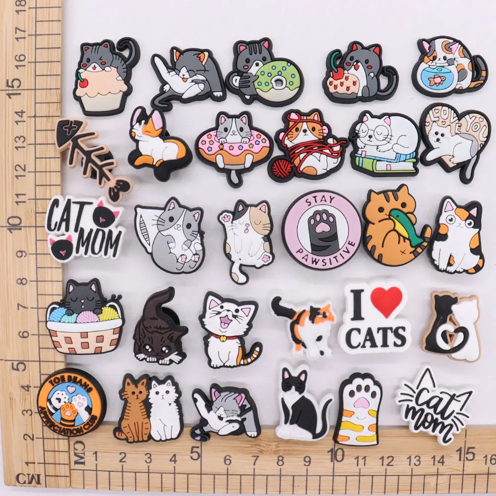 Wholesale 50pcs PVC Shoe Charms Kawaii Cartoon Cat Mom Doughnut Cake Love You Fishbone Hole Slipper Decorations for Bracelet