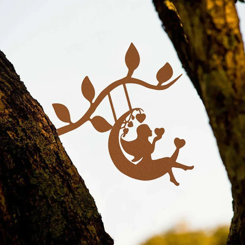 Swing Elf on Branch Steel Silhouette - Add a touch of elegance and grace to your home and garden with this lovely metal wall art