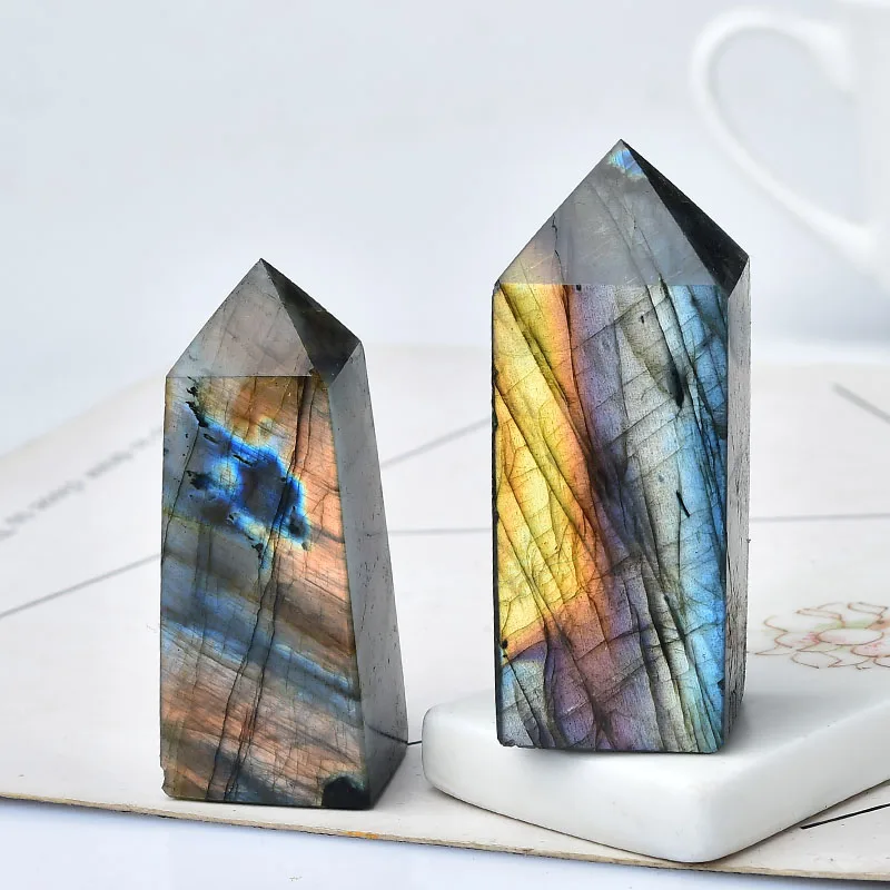 1PC Natural Stone Crystal Point Labradorite Healing Quartz Wand Tower Moonstone Ornament for Home Decor Energy Stone Pyramid