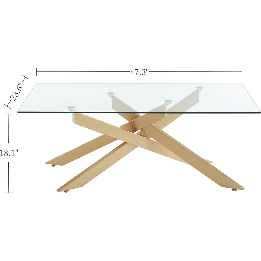 Rectangle Modern Coffee Table, Tempered Glass Top and Metal Tubular Leg, 47.3”Lx23.6”Wx18.1”H, Gold